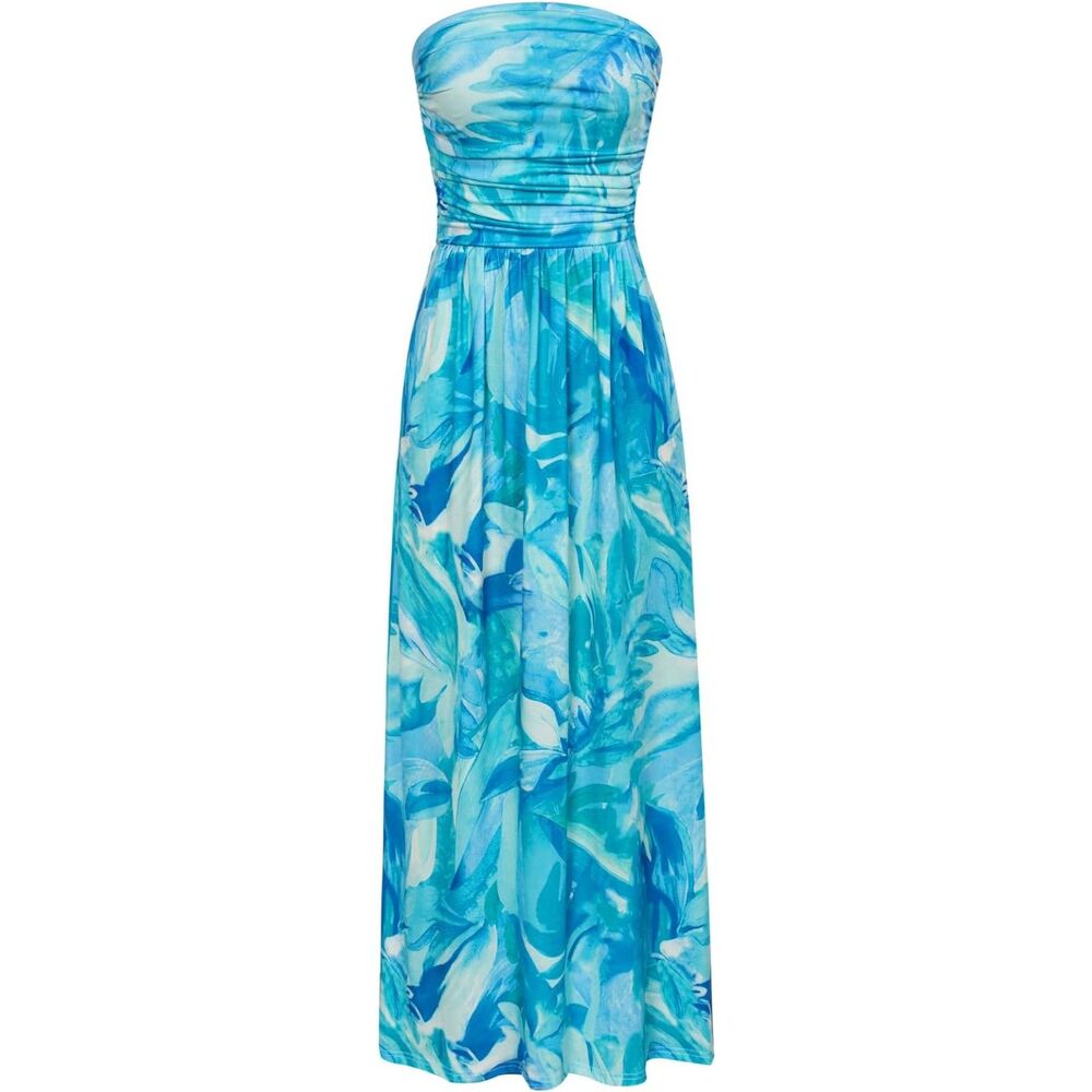 Strapless Maxi Dress Blue Watercolor Ruched Boho Cottagecore Vacation Dress